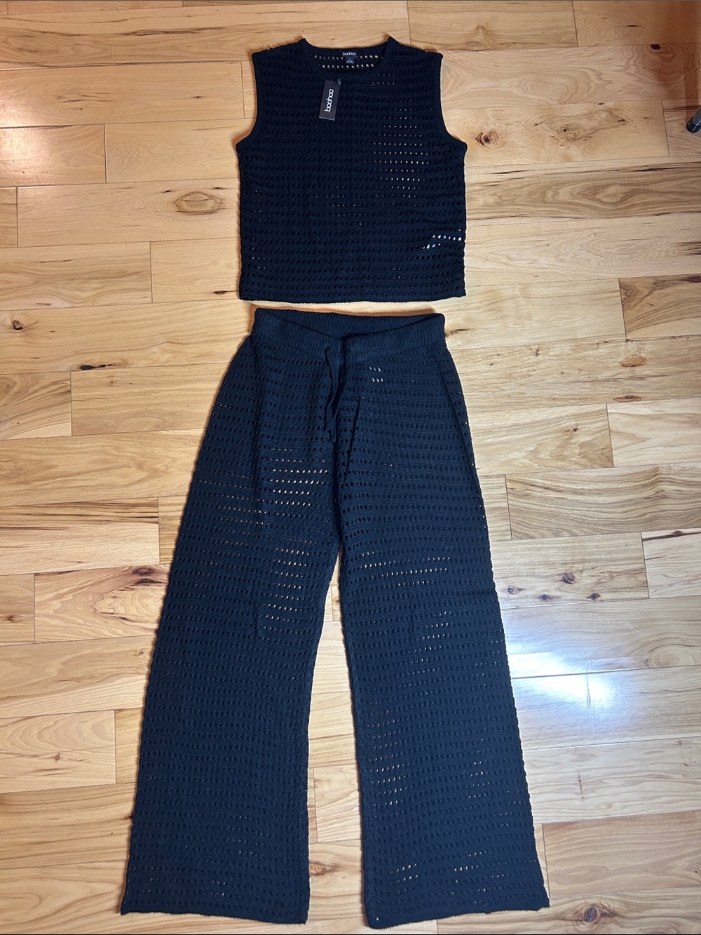 NWT Boohoo Black Crocheted Knit Wide-Leg Pants & Tank Top Set | Size Large